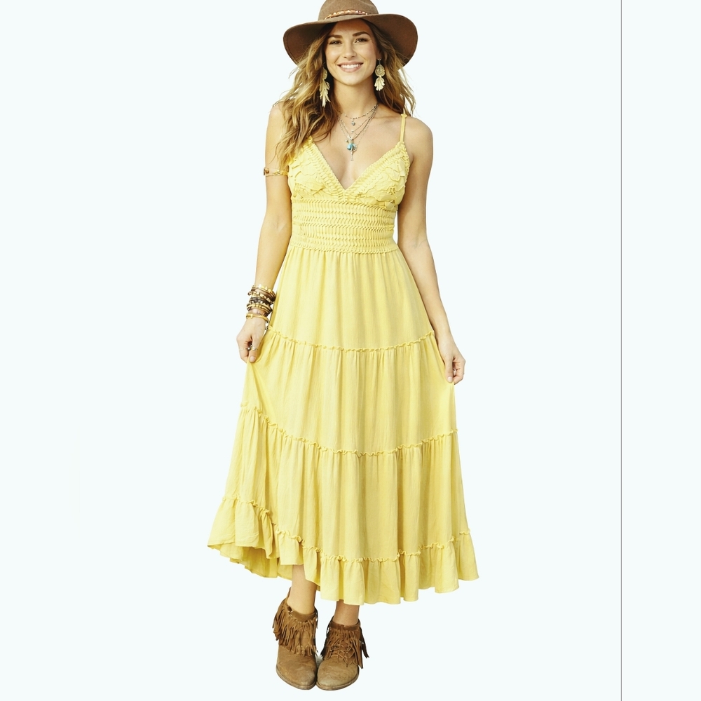 Yellow Crochet Tiered XL Babydoll Festival Boho Cottage Hippe Midi Dress